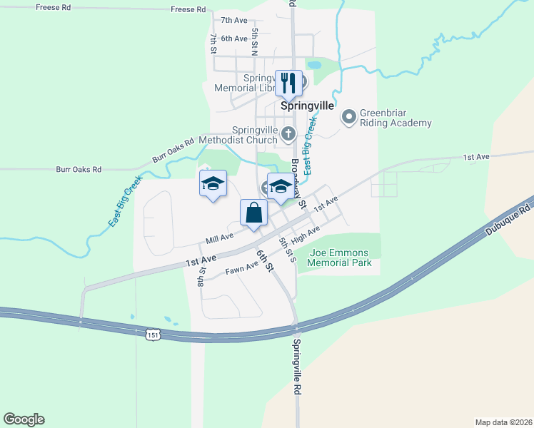 map of restaurants, bars, coffee shops, grocery stores, and more near 108 5th Street North in Springville