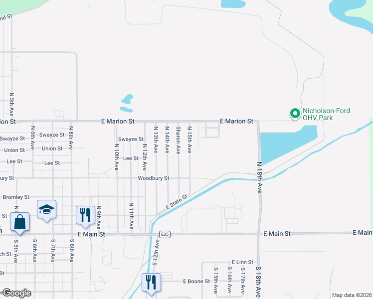 map of restaurants, bars, coffee shops, grocery stores, and more near 313 Sharon Avenue in Marshalltown