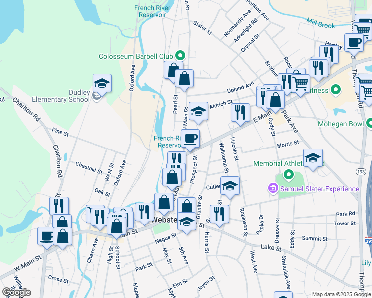 map of restaurants, bars, coffee shops, grocery stores, and more near 2 North Main Street in Webster