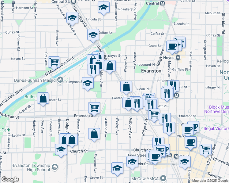 map of restaurants, bars, coffee shops, grocery stores, and more near 2000 Jackson Avenue in Evanston