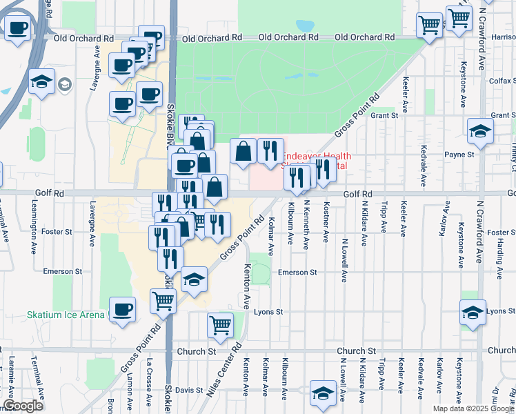 map of restaurants, bars, coffee shops, grocery stores, and more near 9525 Gross Point Road in Skokie