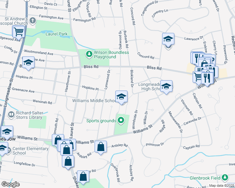 map of restaurants, bars, coffee shops, grocery stores, and more near 94 Woolworth Street in Longmeadow
