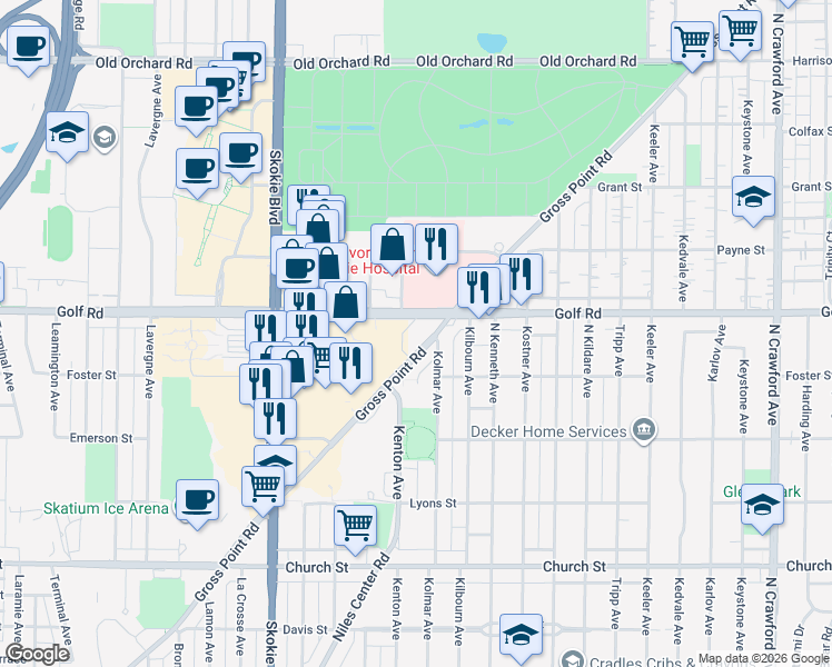 map of restaurants, bars, coffee shops, grocery stores, and more near 9525 Gross Point Road in Skokie