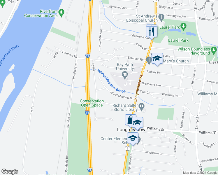 map of restaurants, bars, coffee shops, grocery stores, and more near 104 Wheel Meadow Drive in Longmeadow
