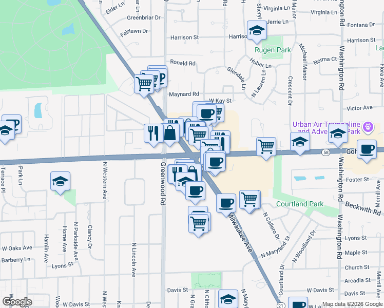 map of restaurants, bars, coffee shops, grocery stores, and more near N Milwaukee Ave & W Golf Rd in Niles