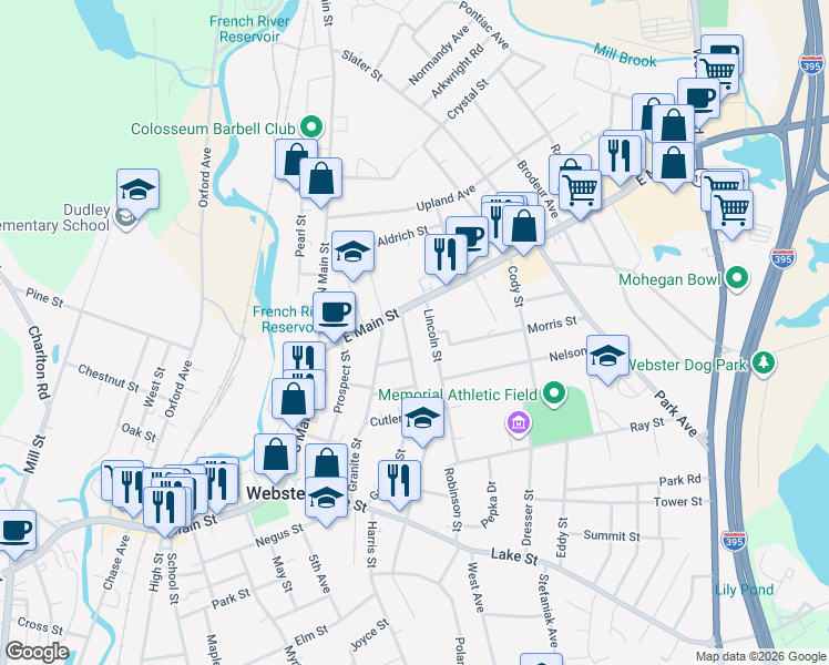map of restaurants, bars, coffee shops, grocery stores, and more near 6 Oak Street in Webster