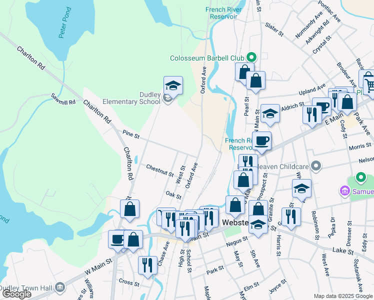 map of restaurants, bars, coffee shops, grocery stores, and more near 24 West Street in Dudley