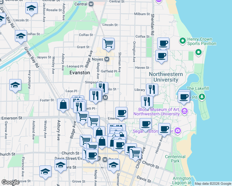 map of restaurants, bars, coffee shops, grocery stores, and more near 811 Foster Street in Evanston
