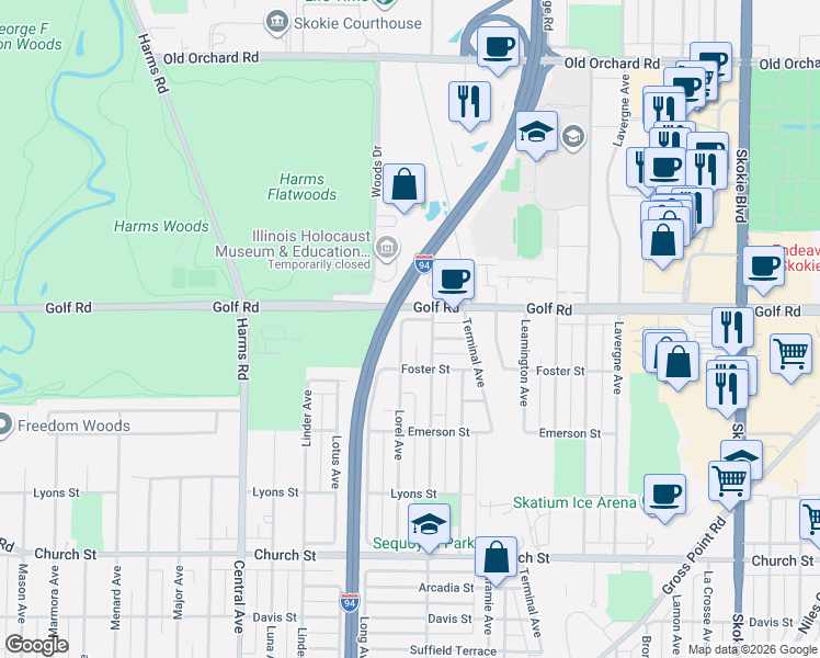 map of restaurants, bars, coffee shops, grocery stores, and more near 9514 Lorel Avenue in Skokie