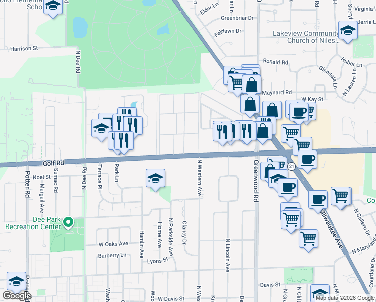 map of restaurants, bars, coffee shops, grocery stores, and more near 8804 Golf Road in Niles