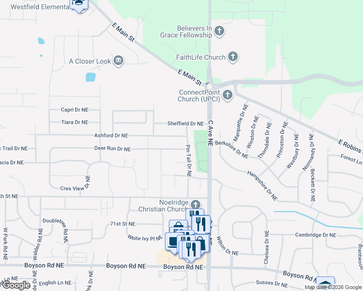 map of restaurants, bars, coffee shops, grocery stores, and more near 510 Deer Run Drive Northeast in Cedar Rapids