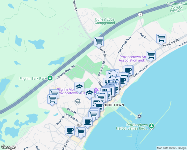 map of restaurants, bars, coffee shops, grocery stores, and more near 32 Alden Street in Provincetown