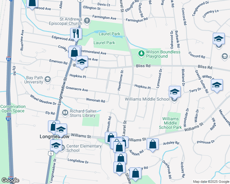 map of restaurants, bars, coffee shops, grocery stores, and more near 197 Greenacre Avenue in Longmeadow