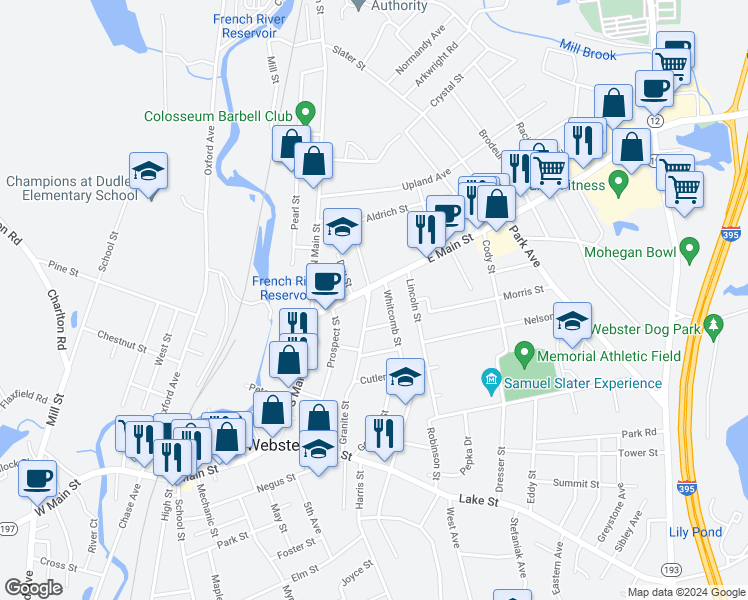 map of restaurants, bars, coffee shops, grocery stores, and more near 72 Granite Street in Webster