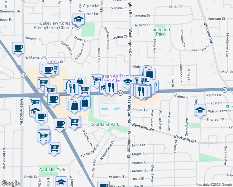 map of restaurants, bars, coffee shops, grocery stores, and more near 8149 West Golf Road in Niles