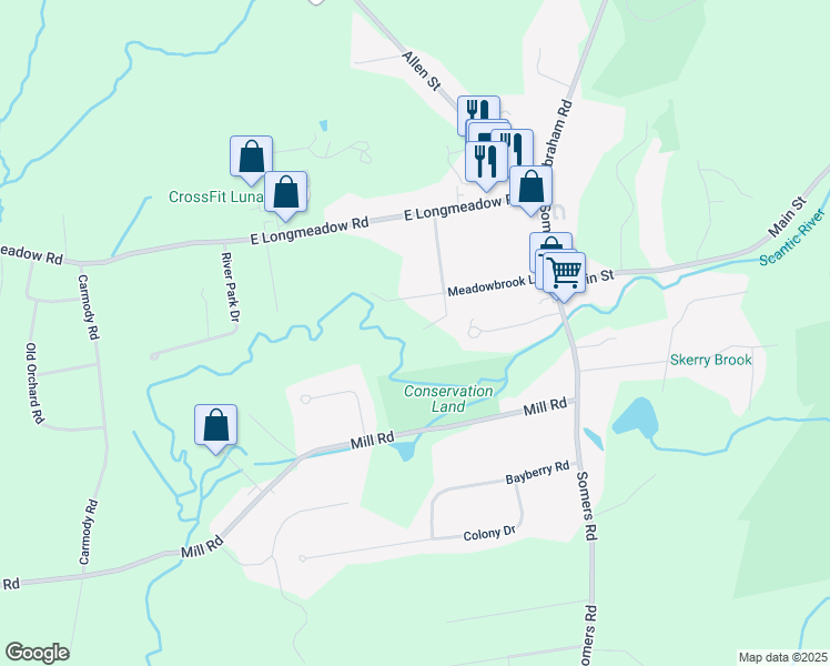 map of restaurants, bars, coffee shops, grocery stores, and more near 45 Meadowbrook Lane in Hampden