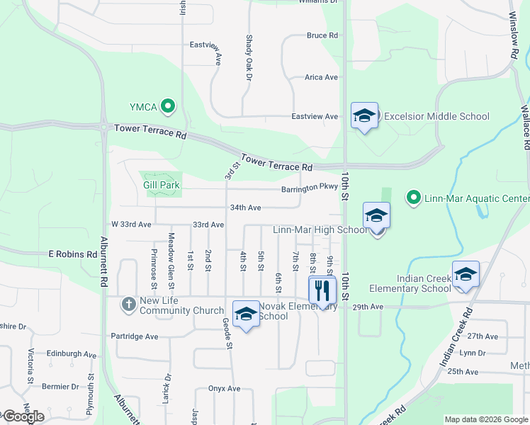 map of restaurants, bars, coffee shops, grocery stores, and more near 515 34th Avenue in Marion