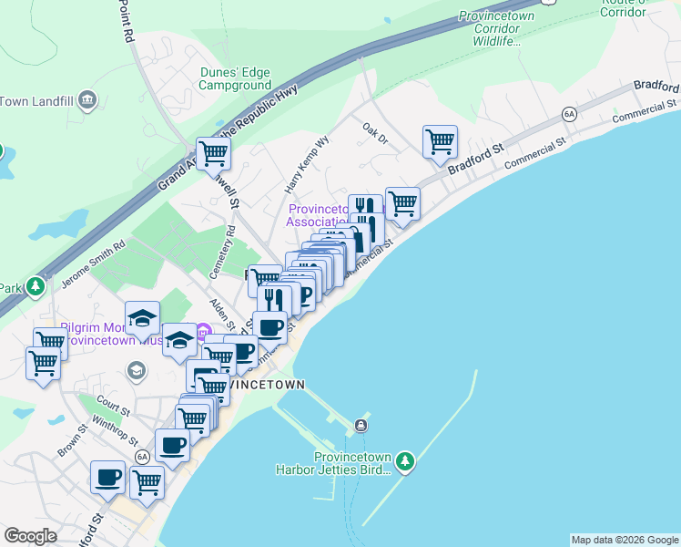 map of restaurants, bars, coffee shops, grocery stores, and more near 406 Commercial Street in Provincetown