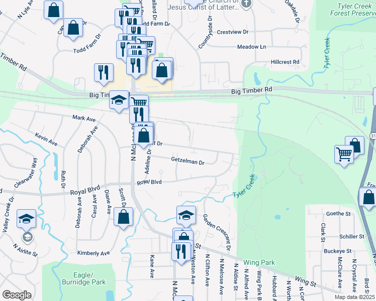 map of restaurants, bars, coffee shops, grocery stores, and more near 1335 Abbott Drive in Elgin