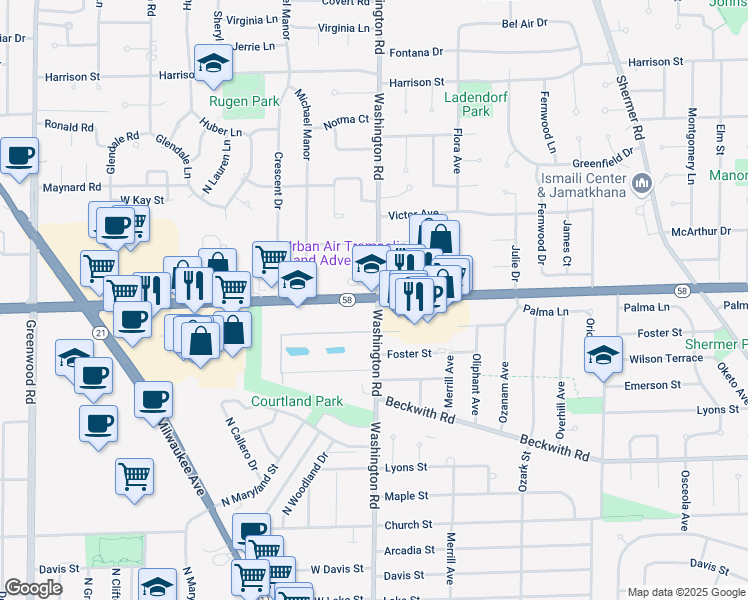 map of restaurants, bars, coffee shops, grocery stores, and more near 8001 Golf Road in Niles