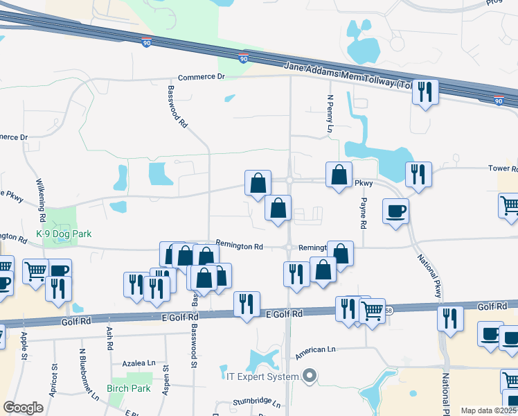map of restaurants, bars, coffee shops, grocery stores, and more near 711 East State Parkway in Schaumburg