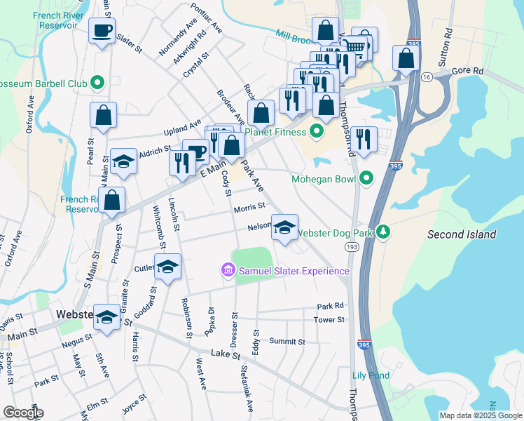 map of restaurants, bars, coffee shops, grocery stores, and more near 31 Park Avenue in Webster
