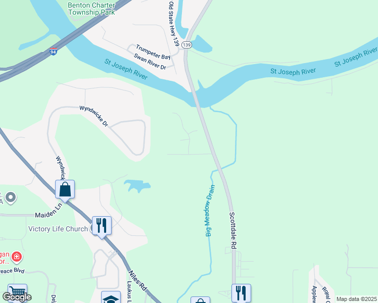 map of restaurants, bars, coffee shops, grocery stores, and more near 3478 Rivers Edge Drive in St. Joseph