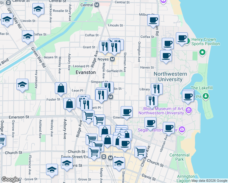 map of restaurants, bars, coffee shops, grocery stores, and more near 810 Simpson Street in Evanston