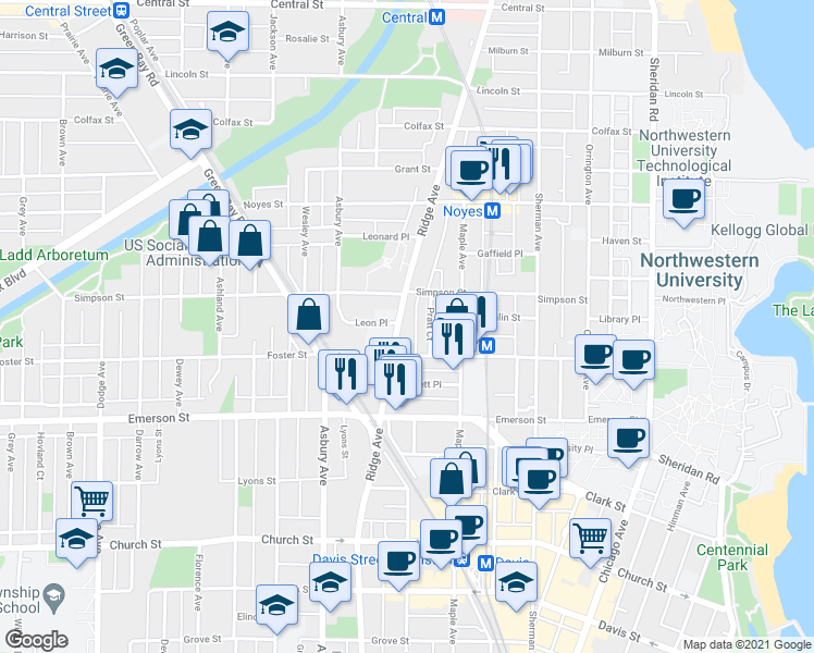 map of restaurants, bars, coffee shops, grocery stores, and more near 2060 Ridge Avenue in Evanston
