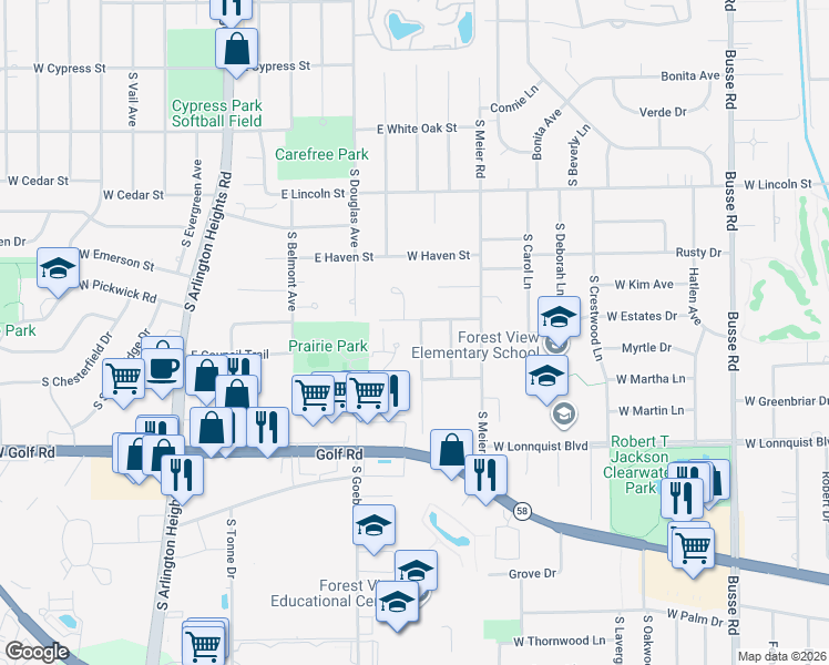 map of restaurants, bars, coffee shops, grocery stores, and more near 2114 West Lawrence Lane in Mount Prospect
