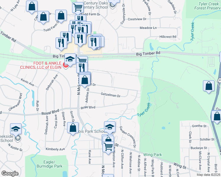 map of restaurants, bars, coffee shops, grocery stores, and more near 1400 Abbott Drive in Elgin