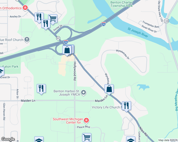 map of restaurants, bars, coffee shops, grocery stores, and more near 3379 Niles Road in St. Joseph