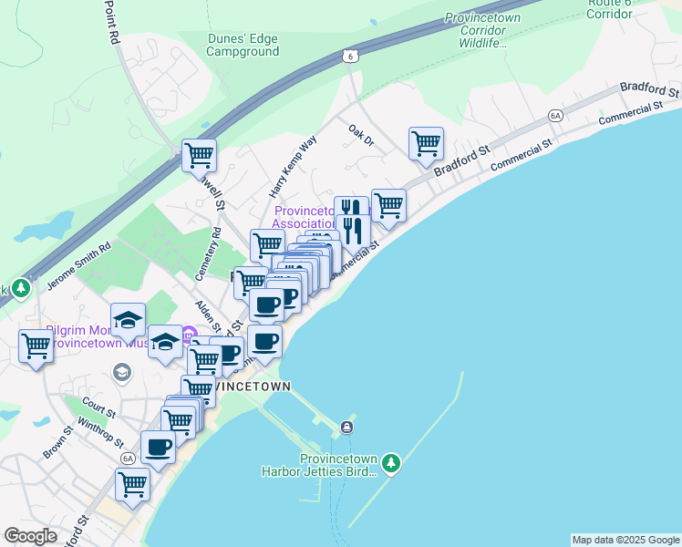map of restaurants, bars, coffee shops, grocery stores, and more near 418R Commercial Street in Provincetown
