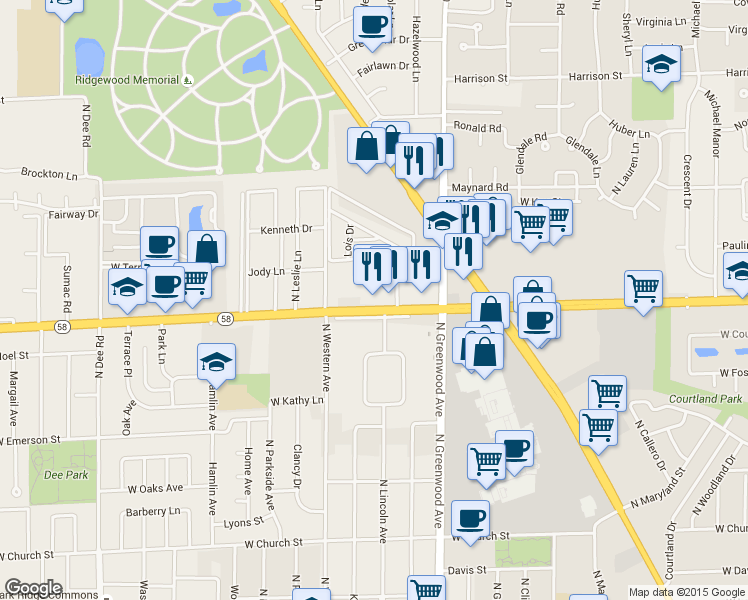 map of restaurants, bars, coffee shops, grocery stores, and more near 87 South Josephine Court in Des Plaines