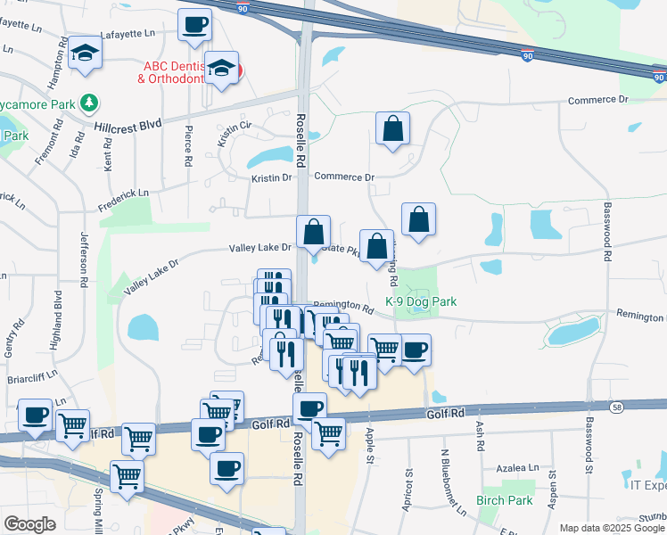 map of restaurants, bars, coffee shops, grocery stores, and more near 51 East State Parkway in Schaumburg