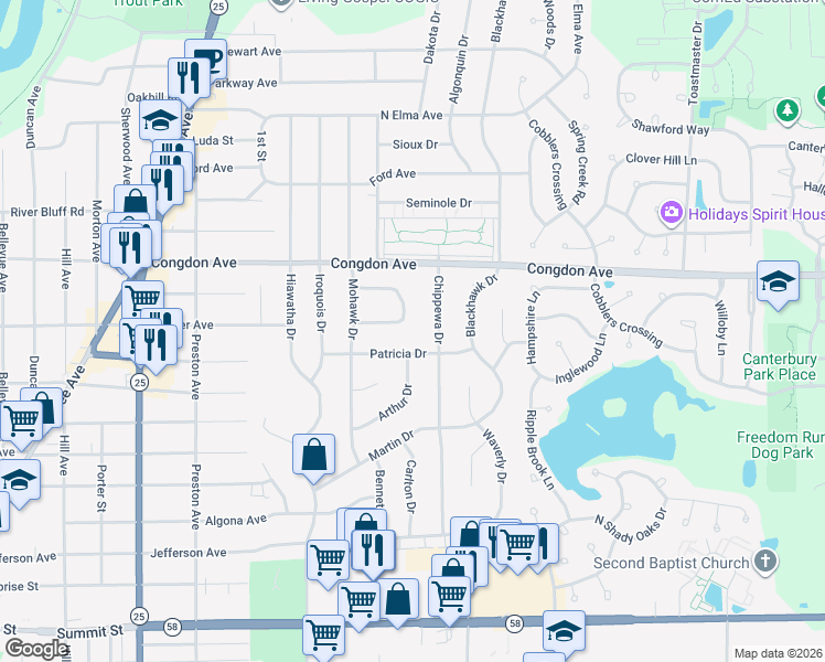 map of restaurants, bars, coffee shops, grocery stores, and more near 20 Green Ridge Road in Elgin