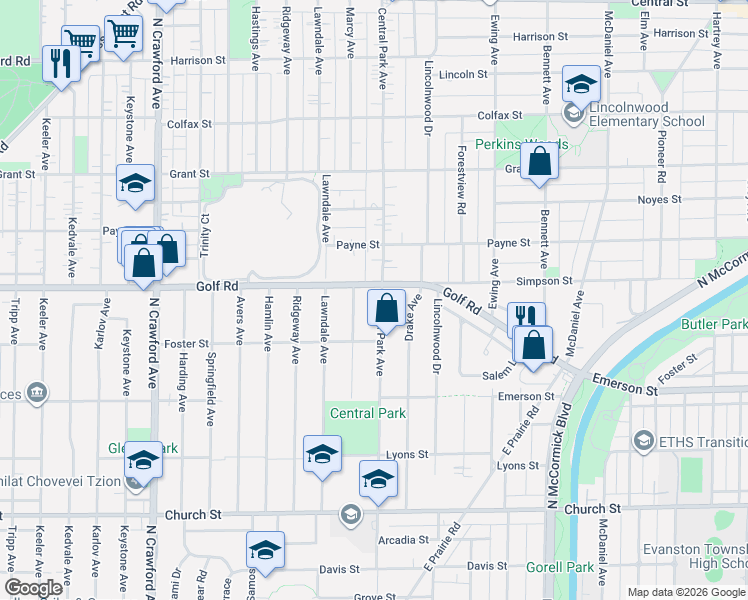 map of restaurants, bars, coffee shops, grocery stores, and more near 3015 Simpson Street in Evanston