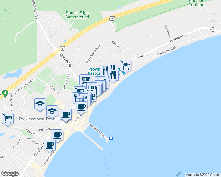 map of restaurants, bars, coffee shops, grocery stores, and more near 418R Commercial Street in Provincetown