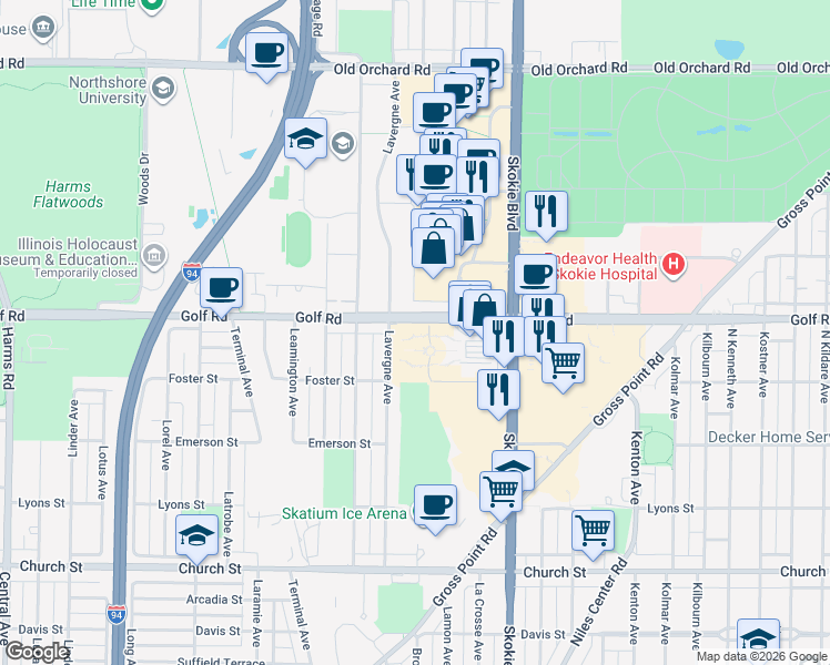 map of restaurants, bars, coffee shops, grocery stores, and more near 4940 Golf Road in Skokie