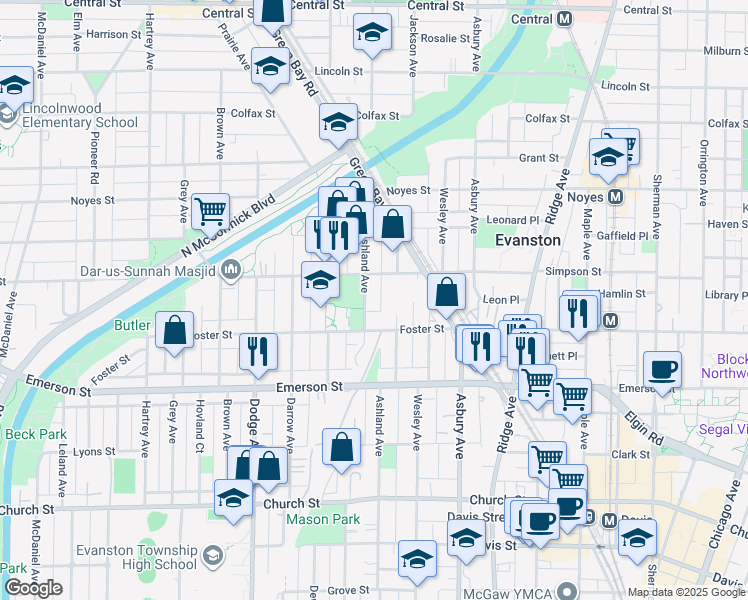 map of restaurants, bars, coffee shops, grocery stores, and more near 1607 Simpson Street in Evanston