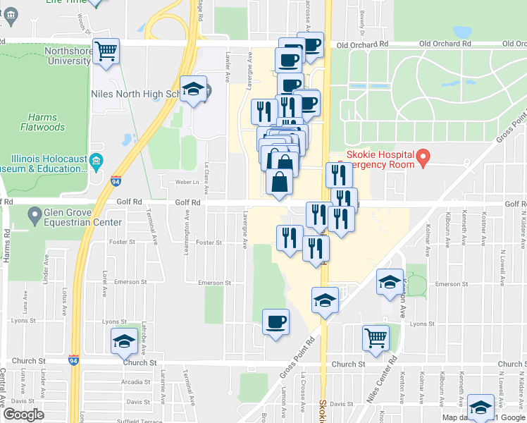map of restaurants, bars, coffee shops, grocery stores, and more near 4940 Golf Road in Skokie