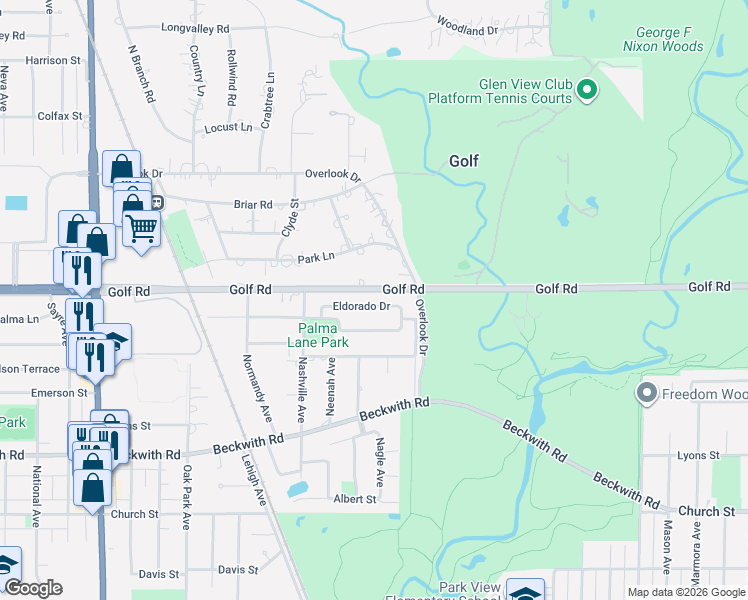 map of restaurants, bars, coffee shops, grocery stores, and more near 74 Golf Road in Golf