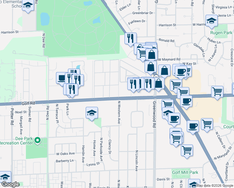 map of restaurants, bars, coffee shops, grocery stores, and more near 8812 Jody Lane in Des Plaines