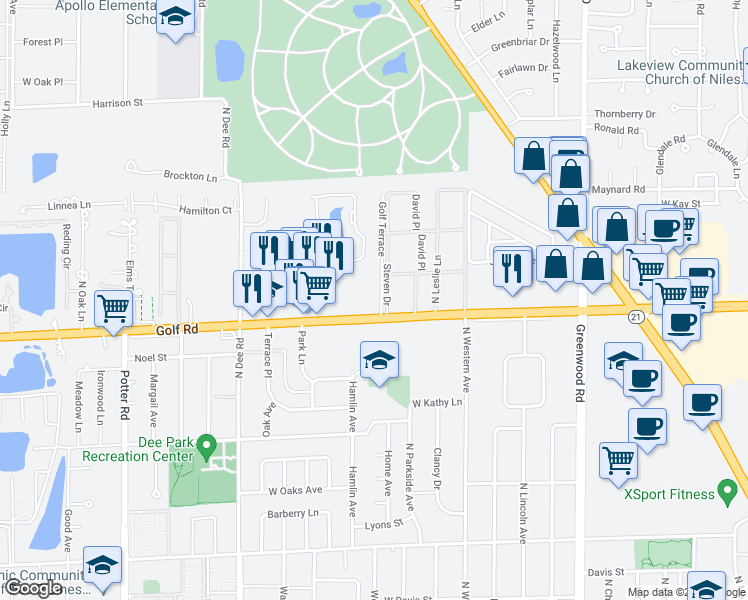 map of restaurants, bars, coffee shops, grocery stores, and more near 9618 Golf Terrace in Des Plaines