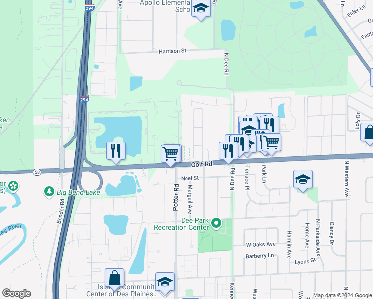 map of restaurants, bars, coffee shops, grocery stores, and more near 9701 Elms Terrace in Des Plaines
