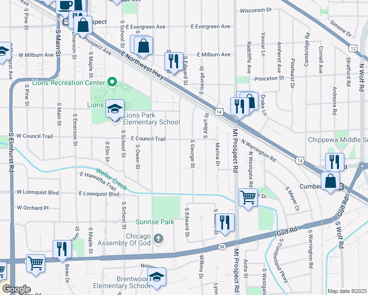 map of restaurants, bars, coffee shops, grocery stores, and more near 518 South George Street in Mount Prospect