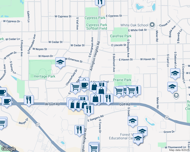 map of restaurants, bars, coffee shops, grocery stores, and more near 1531 South Arlington Heights Road in Arlington Heights