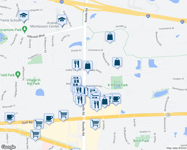 map of restaurants, bars, coffee shops, grocery stores, and more near 51 East State Parkway in Schaumburg