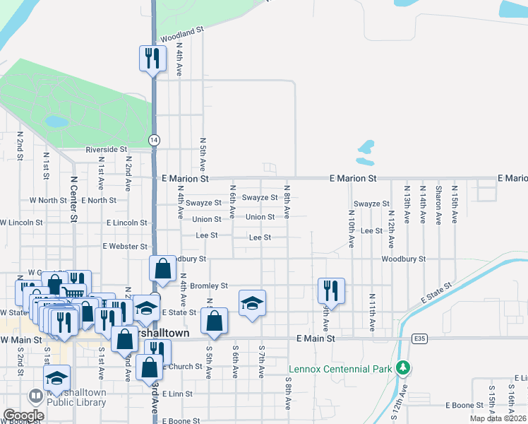map of restaurants, bars, coffee shops, grocery stores, and more near 707 Swayze Street in Marshalltown