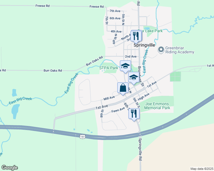 map of restaurants, bars, coffee shops, grocery stores, and more near 602 Mill Avenue in Springville